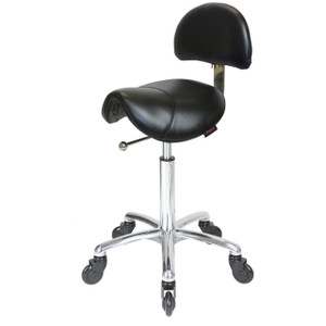 Saddle Black Salon Stool with Back - Chrome Base - Click'n Clean Castor Wheels
