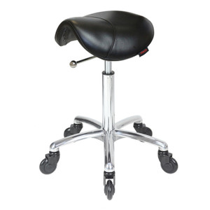 Saddle Black Salon Stool NO Back - Chrome Base - Click'n Clean Castor Wheels
