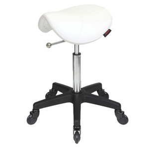 Saddle White Salon Stool NO Back - Black Base - Click'n Clean Castor Wheels