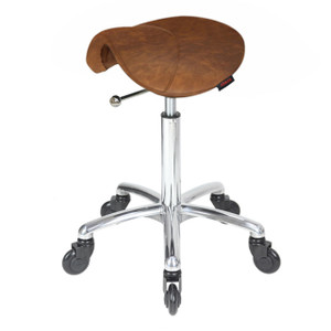 Saddle Tan Salon Stool NO Back - Chrome Base - Click'n Clean Castor Wheels