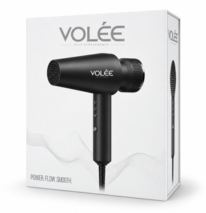 Volée Professional Hair Dryer in matte black displayed with white Volée retail packaging.