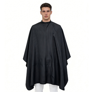 Black striped anti-static cutting cape with adjustable snap closure, 135 x 150 cm Front View