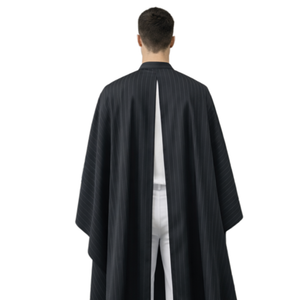 Black striped anti-static cutting cape with adjustable snap closure, 135 x 150 cm Back View