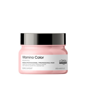 L'Oréal Professionnel Vitamino Colour 250ml Mask for color-treated hair, featuring a sleek pink jar with silver lid, designed to nourish and protect hair while maintaining vibrant color.