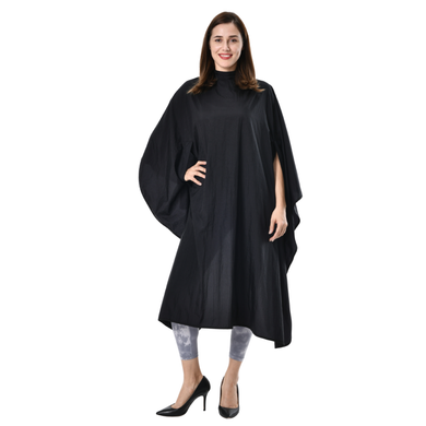 Black hairdressing cutting cape with arm slits for comfortable haircuts, trims and styling.