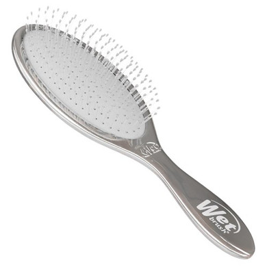 WetBrush Festive Finish Detangler Silver with shimmering metallic finish and flexible IntelliFlex bristles for gentle, pain-free brushing on wet or dry hair.