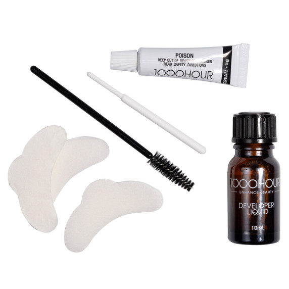 000 Hour Lash & Brow Dye Kit contents arranged together.