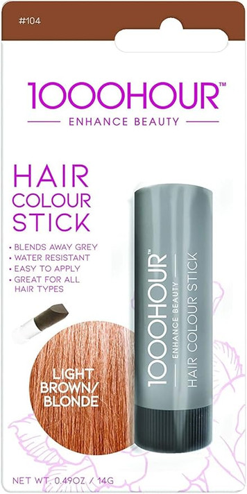 1000 Hour Hair Colour Stick packaging in Light Brown/Blonde, showing the product tube and key features such as blending away grey, water resistance, and easy application. 1000 Hour Hair Colour Stick packaging in Light Brown/Blonde, showing the product tube and key features such as blending away grey, water resistance, and easy application.