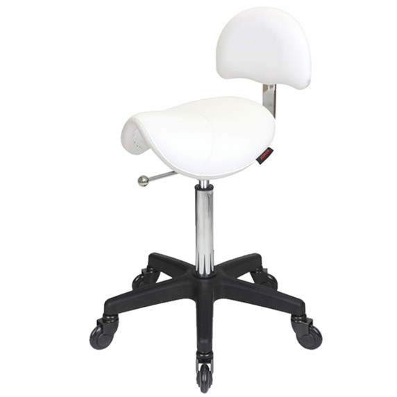 Saddle White Salon Stool with Back - Black Base - Click'n Clean Castor Wheels