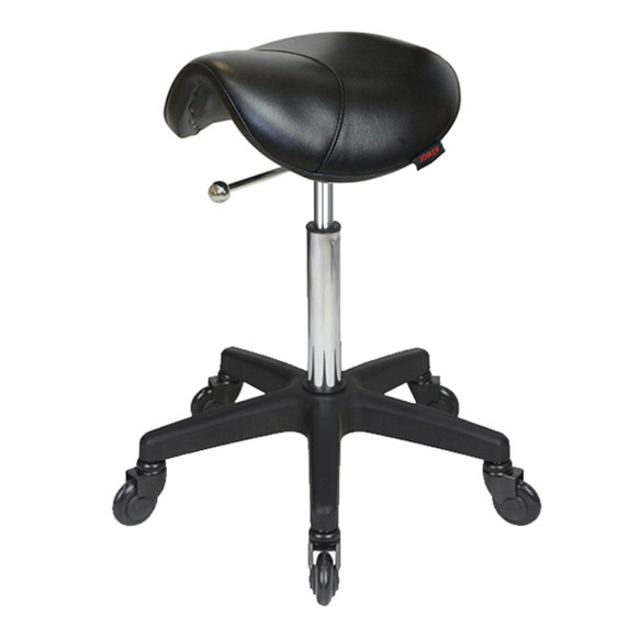 Saddle Black Salon Stool NO Back - Black Base - Click'n Clean Castor Wheels