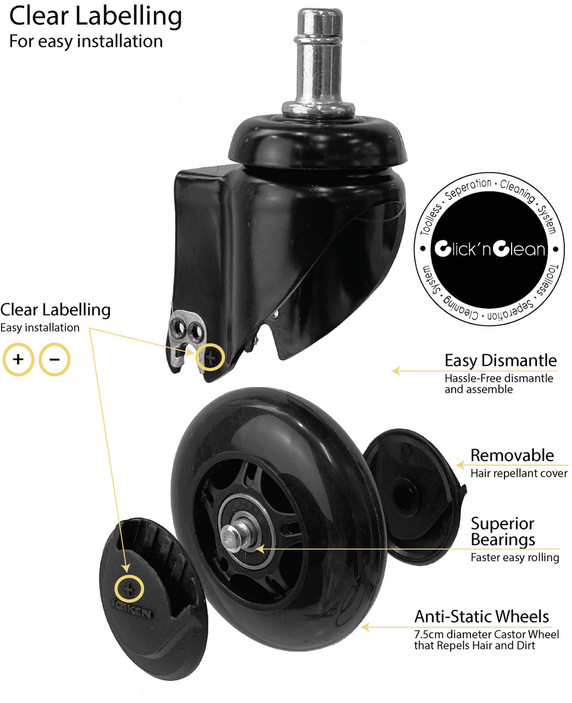 Saddle Black Salon Stool NO Back - Black Base - Click'n Clean Castor Wheels