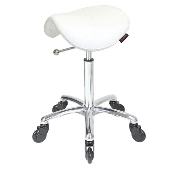 Saddle White Salon Stool NO Back - Chrome Base - Click'n Clean Castor Wheels