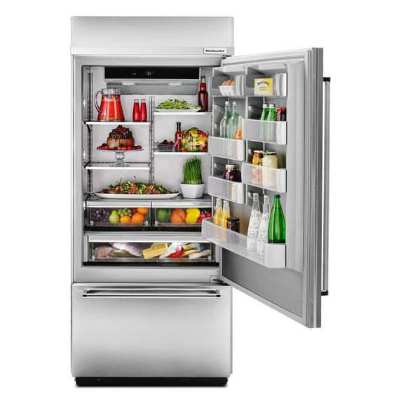 Kitchenaid® 20.9 Cu. Ft. 36" Width Built-In Stainless Bottom Mount Refrigerator with Platinum Interior Design KBBR306ESS
