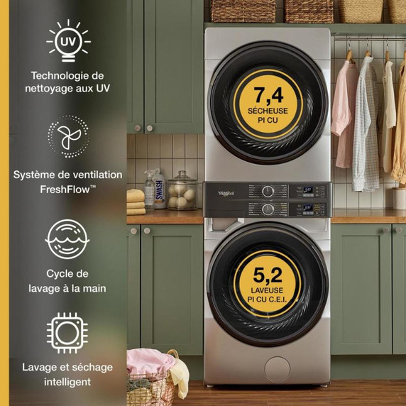 Whirlpool® Smart ENERGY STAR® Front Load Laundry Tower 5.2 cu. ft. Washer & 7.4 cu. ft. Electric Dryer with UV Clean Technology and FreshFlow™ Vent System YWEF5727TR