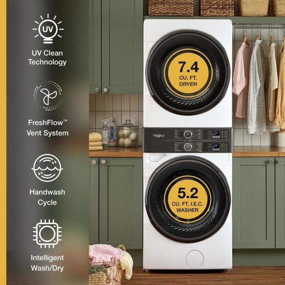 Whirlpool® Smart ENERGY STAR® Front Load Laundry Tower 5.2 cu. ft. Washer & 7.4 cu. ft. Electric Dryer with UV Clean Technology and FreshFlow™ Vent System YWEF5727TW