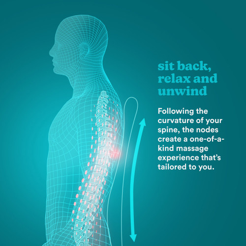 A graphic illustrates how the massage cushion's nodes travel along the natural curve of the spine for a tailored massage.