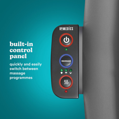 Close-up of the Shiatsu Massage Cushion's built-in control panel, showing simple buttons for power, massage, and heat.