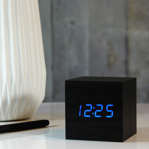 Click Cube Black Alarm Clock Blue LED