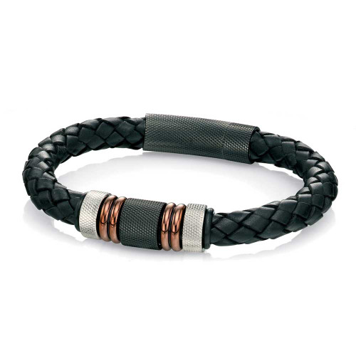 Steel & Black Leather Woven Bracelet