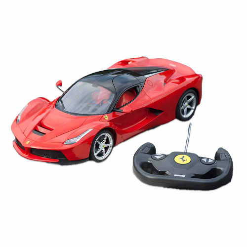 A red 1:14 scale La Ferrari remote control car with its black steering wheel-shaped remote, on a white background.