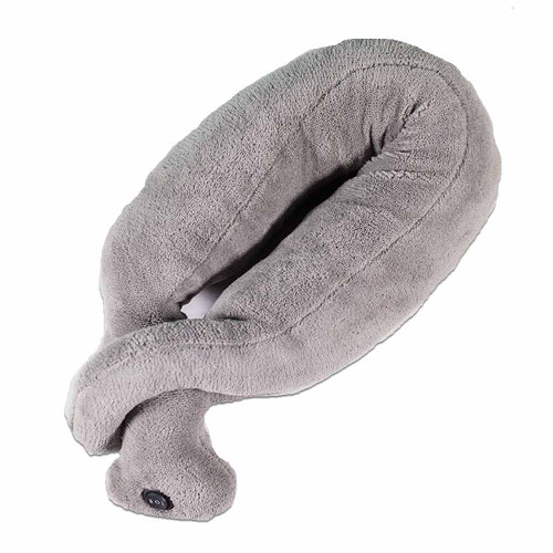 The grey, fleece-covered Vibrohug vibrating neck massager in a twisted U-shape, showing the simple black control button.
