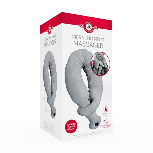The white and red retail box for the Vibrohug vibrating neck massager, highlighting its stress-releasing qualities.