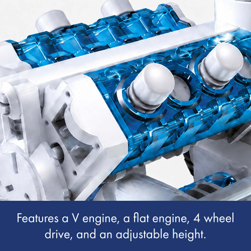 A close-up of the Salt Water Fuel Cell Engine, showing its V engine, flat engine, 4 wheel drive and adjustable height.