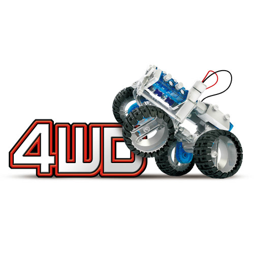 A Salt Water Fuel Cell Engine vehicle with a clear chassis and knobbly tyres climbs over a large red and white "4WD" logo.