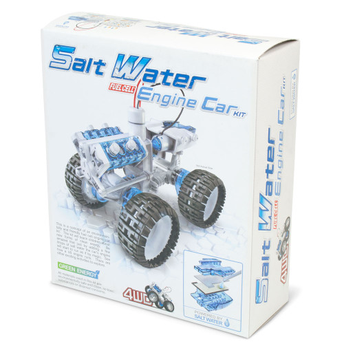 The retail box for the Salt Water Fuel Cell Engine Car Kit, showing the assembled 4WD car with its large tyres and blue engine.