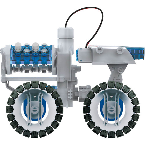 The assembled Salt Water Fuel Cell Engine, featuring a transparent blue engine block, grey chassis, and large treaded wheels.