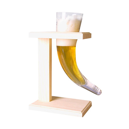 A Viking Beer Horn Glass filled with beer and a frothy head, displayed upright in its simple, light wood stand.
