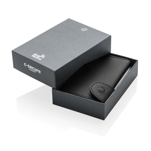 A black leather C-Secure cardholder wallet sits inside its dark grey gift box. The lid is open, showing RFID secure branding.