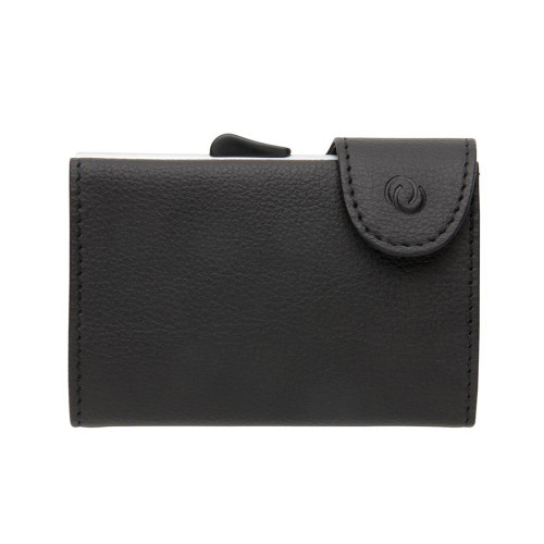 A closed black C-Secure cardholder wallet with a pebbled leather finish, a snap fastener, and a card ejector tab at the top.