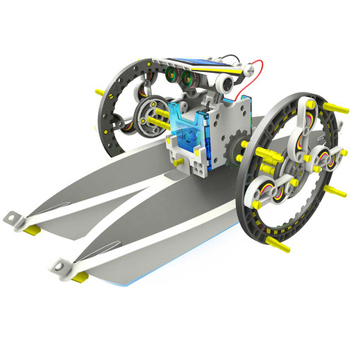 The Solar Robot Kit built as an amphibious rover with large paddle wheels, a twin hull, and a visible solar panel and motor.