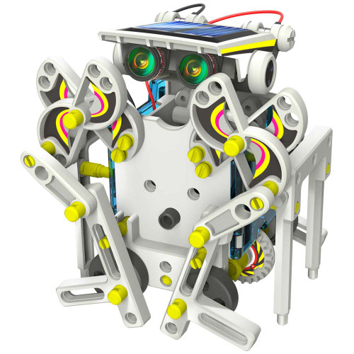 A white solar robot built in a crab-like form, with multiple jointed legs, large green eyes, and a solar panel on top.