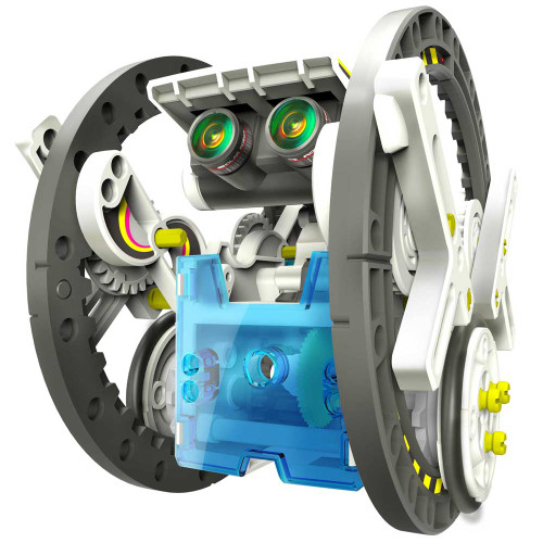 A two-wheeled solar robot with big, green camera-lens eyes and a clear blue gearbox showing the internal mechanism.
