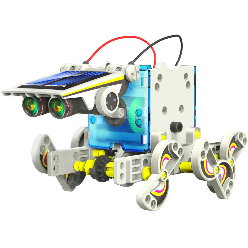 The Construct & Create solar robot built as a six-legged walker with visible blue gears, large eyes, and a solar panel roof.