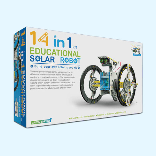 The 14 in 1 Educational Solar Robot Kit's retail box, showing a completed two-wheeled robot with a solar panel on its head.
