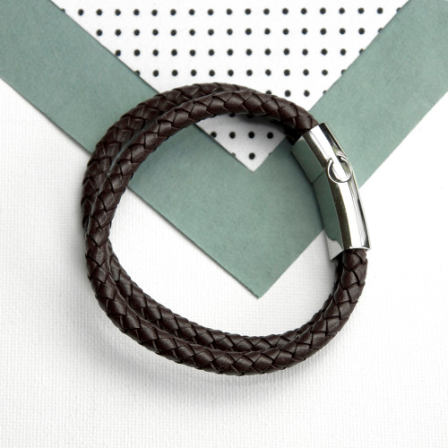 Personalised Men's Dual Leather Woven Bracelet In Umber