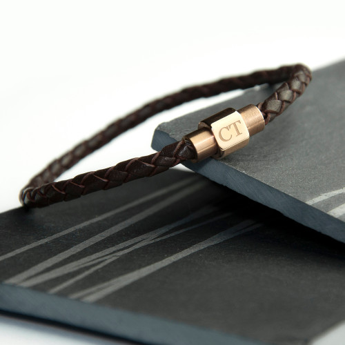  Personalised Men's Woven Leather Bracelet With Gold Clasp