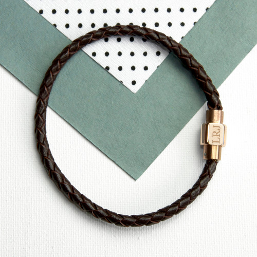  Personalised Men's Woven Leather Bracelet With Gold Clasp