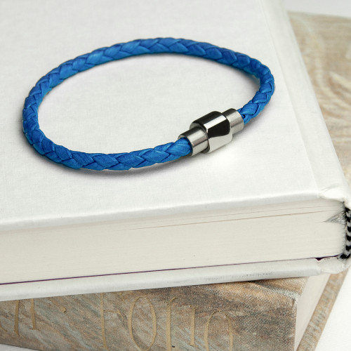  Personalised Men's Woven Leather Bracelet in Cobalt Blue