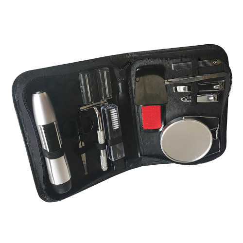A 10-piece grooming kit arranged inside its open black carry case, showing a silver trimmer, clippers, scissors and mirror.