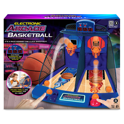 The box for the Electronic Arcade Basketball game, showing the blue two-player tabletop shootout with an electronic scoreboard.