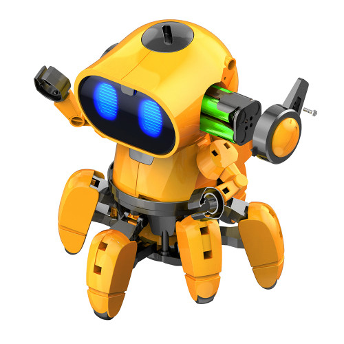 A six-legged toy with big glowing blue eyes and raised arms, shown against a plain white background.
