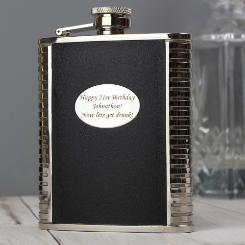 Personalised Steel and Black Leather Hip Flask