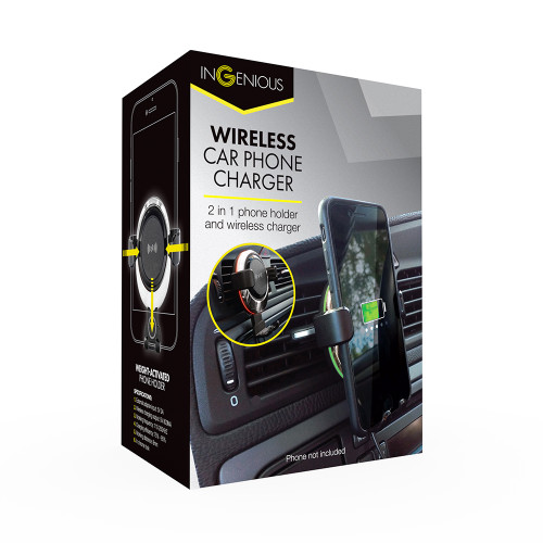 Retail packaging for the InGenious wireless car phone charger, showing it as a 2-in-1 phone holder and charger.