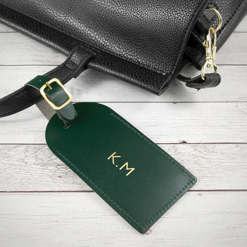 Personalied Dark Green Leather Luggage Tag