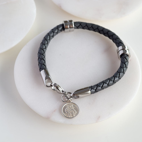 St Christopher Black Leather Wristband