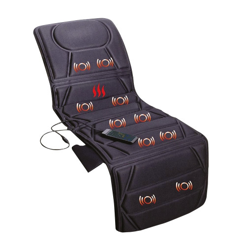A black full body massage mat with heat, featuring vibration zones, is laid out  on a white background. A remote control and power cord are attached, while red lines and circular indicators highlight targeted massage areas.